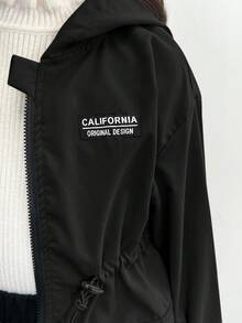 SHEIN Young Girl Casual Letter Print Zip-Up Drawstring Waist Woven Jacket In Fall/Winter - Black - View 7