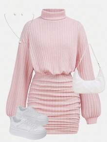 SHEIN Girlism 青少年女孩粉色針織羅紋高領寬鬆收腰抓皺修身洋裝 休閒街頭風 優雅復古百搭內搭長袖迷你洋裝 - 粉色 - 查看 1