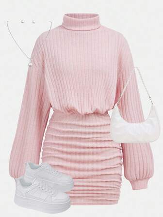 SHEIN Girlism 少女针织罗纹高领宽腰褶边 A 字裙，休闲优雅复古百搭分层长袖短裙