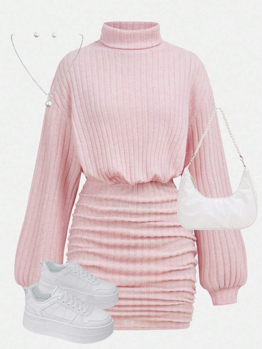 SHEIN Girlism 青少年女孩粉色針織羅紋高領寬鬆收腰抓皺修身洋裝 休閒街頭風 優雅復古百搭內搭長袖迷你洋裝 - 粉色 - 查看 1