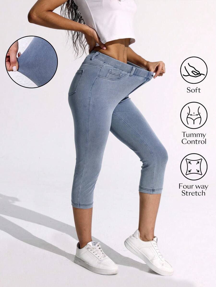 SHEIN Essnce Relaxed Fit Cropped Washed Denim Jeans - Blue - View 1