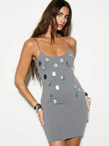KIZN Vestido mini ajustado con aplicaciones de disco de nácar para fiesta, noche, boda, con tirantes de espagueti, ajuste ceñido y brillo metálico - Gris Oscuro - Ver 1