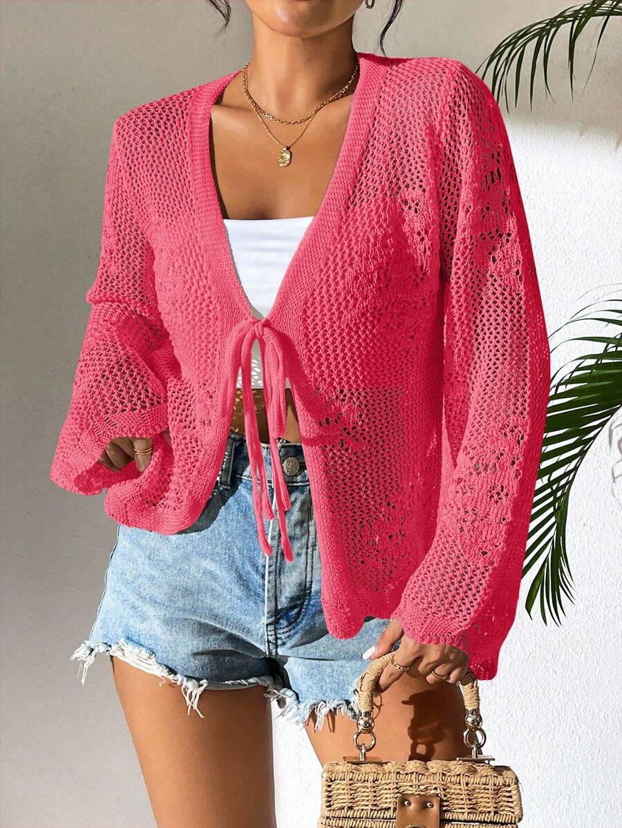 Breezaya Áo len cardigan dệt kim màu trơn đơn giản cho kỳ nghỉ - Màu Hồng  Dưa hấu - Xem 1
