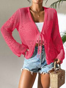 Breezaya Áo len cardigan dệt kim màu trơn đơn giản cho kỳ nghỉ - Màu Hồng  Dưa hấu - Xem 3