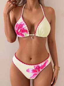 Swim Vcay 2pcs Women's Bikini Set, Halter Tied Floral Hem Flower Printed Swimsuit, Fashionable Casual Holiday Swimwear For Summer Beach Vacation - Beige - View 4