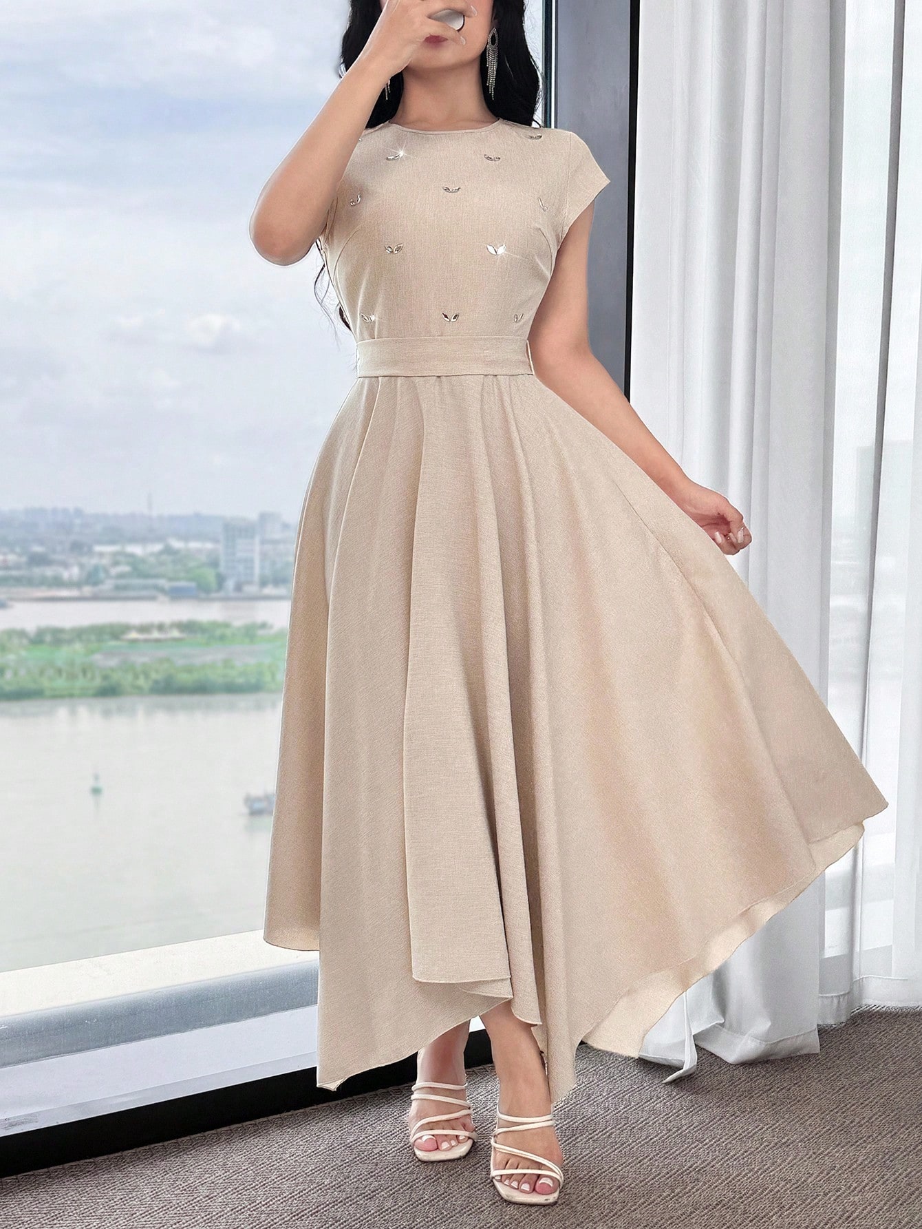 Feyla فستان طويل مزين بالراين ستون لصيف أنيق، متدر...