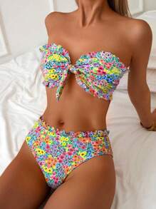 Swim Mod 女士碎花吊带比基尼套装，可拆卸肩带，蝴蝶结装饰，适合海滩、度假、夏季 - 彩色 - 查看 2