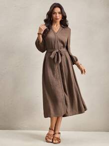 Wildy 美式乡村休闲度假棕色开衫系带中长连衣裙，适合女性，乡村音乐会服装，棕色连衣裙，翻领连衣裙，系带连衣裙，长袖连衣裙，亚麻连衣裙，棕色连衣裙，女教师服装，优雅女装，秋季女装，棕色连衣裙，橄榄绿半身裙 - 軍綠色 - 查看 3