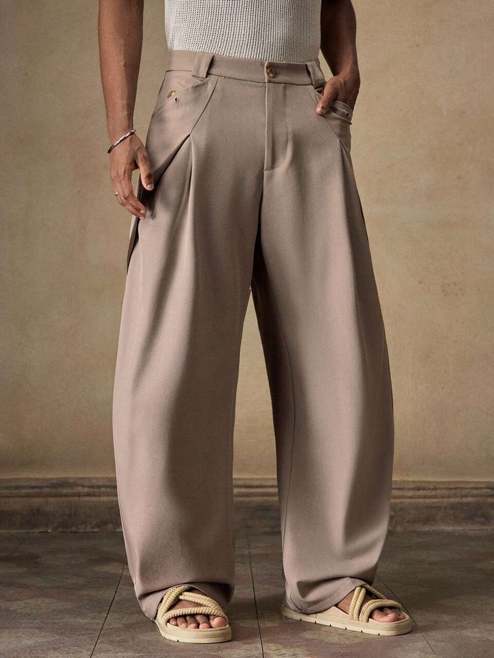 Khaki Men Casual Loose Straight Leg Pants, Daily Wear Young Adult Solid Color Wide Leg Slacks, Designer Boyfriend Style Teacher & Graduate Season Gift