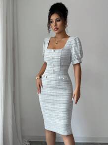 Selianne Đầm ôm body xẻ lưng họa tiết kẻ caro cổ vuông tay bồng - màu đen - Xem 7