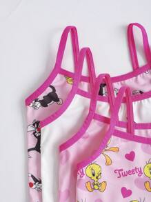 LOONEY TUNES X SHEIN 少女 4 条装卡通印花吊带背心和宽松内裤套装
