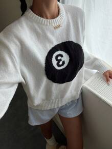 Teen Girls White Solid Round Neck Numeric Design Pullover Sweater, Minimalist Style Teen Girl Sweaters 8 Ball Sweater Soft Girl Sweaters Jumpers For Teen Girls Teen Girl Tops White Sweater Teen Girl Clothes Soft Girl Clothes Teen Girl Tops Aesthetic Teen Sweaters,In Fall/Winter - White - View 5