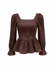 Cévolie 1 件棕色方领荷叶边下摆长袖衬衫，时尚办公室服装