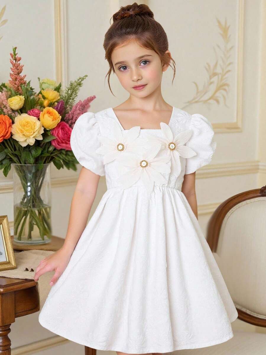 فستان أميرة ذو كتف واحد وأكمام منتفخة مزخرف بالزهور للبنات، ملابس أناقة وارتداء كاجوال لحفلات الأعياد وحفلات الأداء