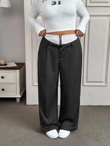 SHEIN EZwear Plus Size Women's Contrast Color Zipper Front Pockets Pleated Wide Leg Suit Pants - Black - View 6