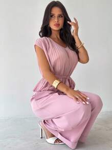 Firerie Women's Elegant Romantic Pleated Waist V-Neck Shirt And High Waist Long Pants 2 Pieces Suit Set, Fashion Commuting Daily Wear, Light Pink, Teacher Outfits For Women - Dusty Pink - View 7