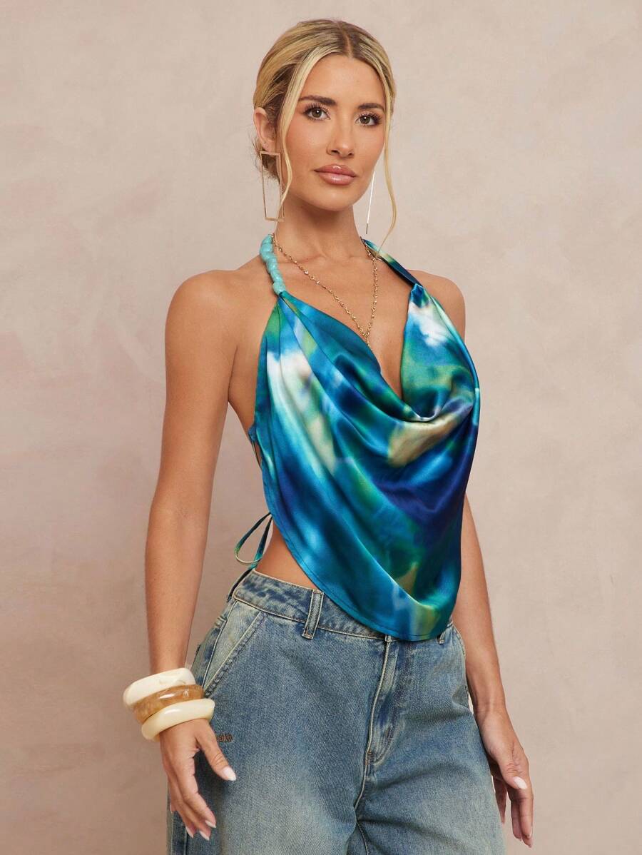 Lumalex 秋季 朴素 复古 风骚 闪光 节日 派对 狂欢 节日 郊游 游泳 度假 波西米亚风 海滩 热门 户外 层次丰富 婚礼 季节 宴会 成人礼 海滩 海滨 女士扎染印花 深 V 领 串珠 露背 背心 围巾上衣 围脖领上衣 露背上衣 扎染上衣 丝绸上衣