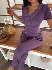 SHEIN 1 Bộ đồ ngủ tay ngắn cổ chữ V phối ren cho nữ - Màu tím - Xem 5