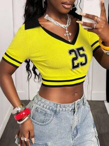 BamGleam Áo thun nữ tay ngắn dệt kim họa tiết sọc chữ đơn giản cổ chữ V màu tương phản mới mùa hè - Màu vàng - Xem 5