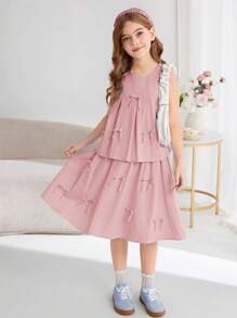 SHEIN Tween Girls Comfortable Solid Color Sleeveless Top And Mini Skirt 2-Piece Set - Dusty Pink - View 5