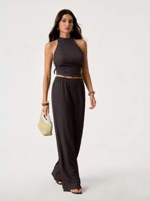 SHEIN Tall 2pcs/Set Women Vacation Casual Solid Color Backless Tank Top And Long Pants