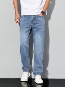 Manfinity Homme 大码男士浅蓝色牛仔裤，修身休闲长裤，适合所有季节