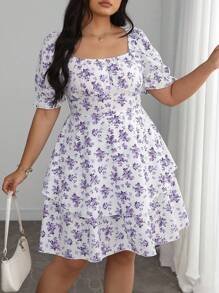 Elenzga Vestido plus size feminino estilo francês elegante, azul e branco, floral, bainha dupla, manga bolha, verão