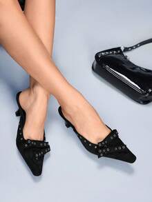 CUCCOO GRLICON Women's Pointed Toe Low Vamp Sexy Bow Knot Metal Rivet Chunky Heel Sandals - Black - View 5