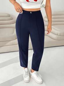 Solflare Plus Size Women Navy Blue Knitted 3/4 Slim Pants Fall - Navy Blue - View 4