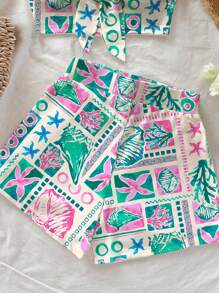 Soleia Women's 2 Pieces Vacation Summer Ocean Element Shell Coral Print Set, Casual Holiday, Daily, Beach Resort - Green - View 3