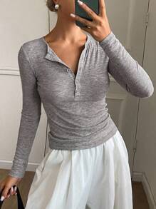 DAZY Women Round Neck Half-Button Closure Fitted Long Sleeve Casual T-Shirt,Fall Women Clothes