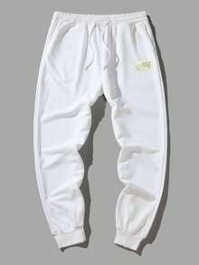 RueChic Men Letter Patched Detail Joggers - White - View 3