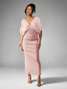 MISSGUIDED Vestido elegante de gala largo con caída, vestido de noche con plisado en el escote, escote pronunciado, mangas tipo murciélago, abertura lateral, para fiestas, bodas, ocasiones especiales