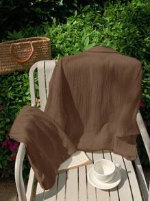 SHEIN EZwear Chocolate Brown Woven Women Short Sleeve Shirt And Shorts Casual Set - Chocolate Brown - View 2