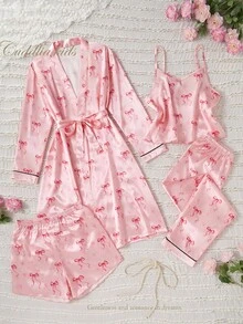 Girls' Minimalist Pink Bow Printed Robe, Spaghetti Strap Shorts & Pants Multi-Piece Pajama Set Sleepwear Set Fall Winter - Multicolor - View 1