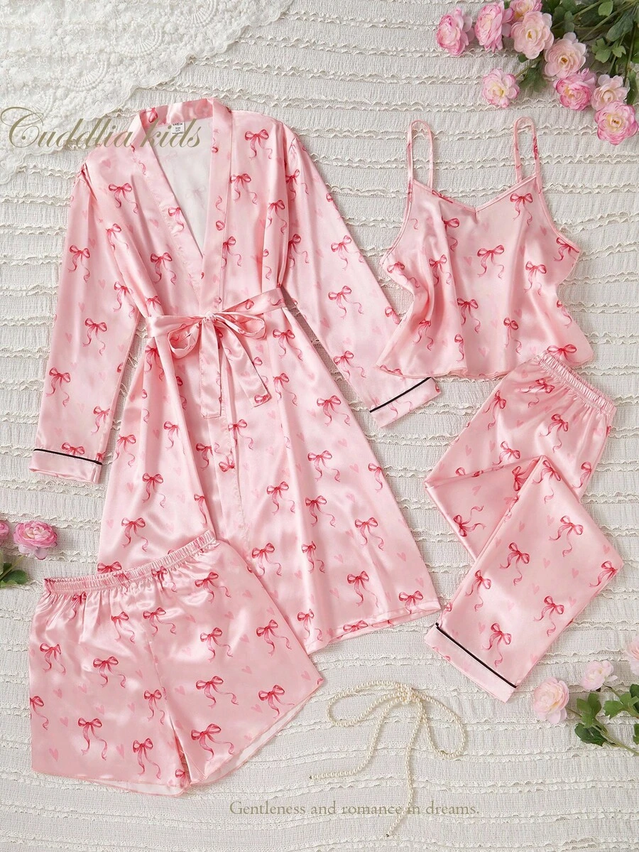 Girls' Minimalist Pink Bow Printed Robe, Spaghetti Strap Shorts & Pants Multi-Piece Pajama Set Sleepwear Set Fall Winter - Multicolor - View 1