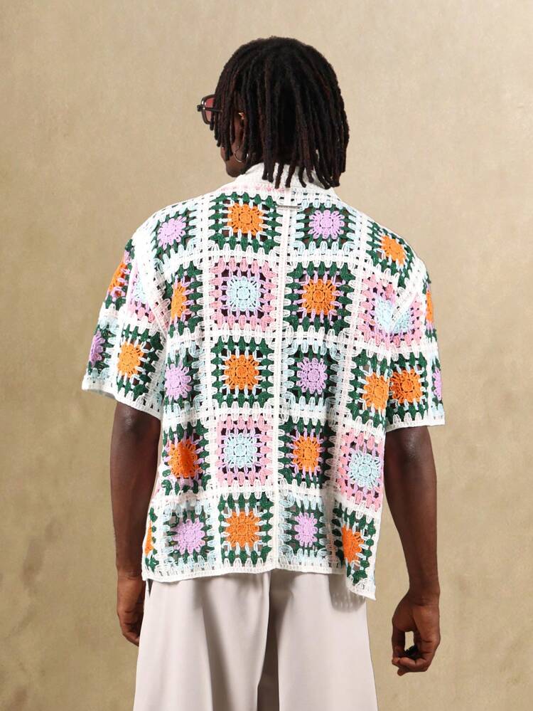 Crochet Knit Polo Shirt With Granny Square Pattern