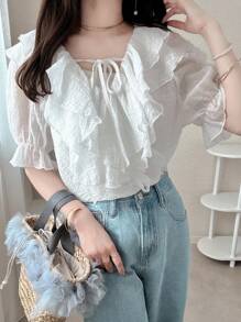 FRIFUL Blusa suelta de 3/4 de manga con volantes en patchwork y lazo cruzado, dulce para primavera y verano para mujer - Blanco - Ver 5