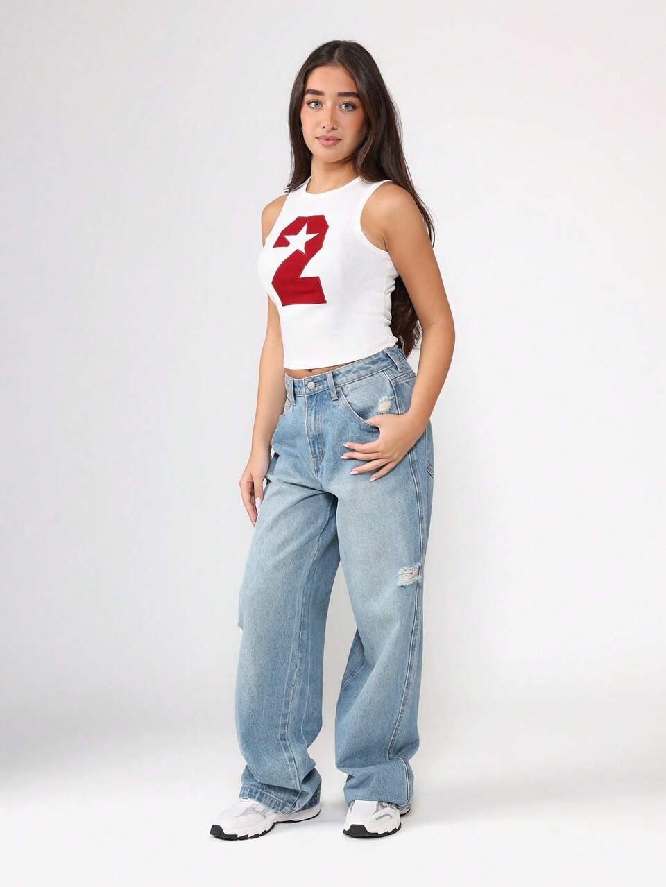 High Rise Baggy Distressed Denim Jeans With Wide Leg