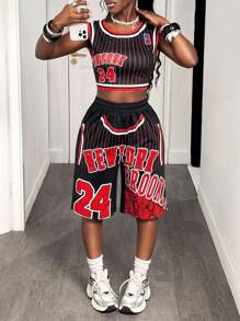 BamGleam 女式夏季字母条纹短款上衣和短裤两件套，休闲 - 黑色 - 查看 6