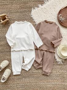 SHEIN 4 Sets Baby Girl Toddler/Newborn 0-3 Years Old Cable Knit Long Sleeve Top & Pants Suit,Brown And White,Autumn,Casual,Family Matching Multi-Piece Sets - Multicolor - View 3