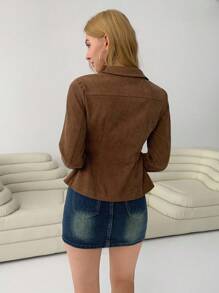 SHEIN EZwear Áo khoác thường ngày màu trơn dài tay có khóa kéo túi trước cho nữ - Màu Khaki - Xem 2