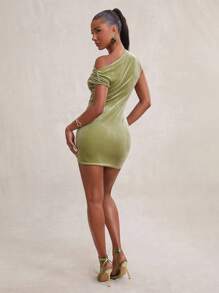 NYA SZN Vestido asimétrico de manga corta, ajustado, para club, fiesta nocturna, evento, vacaciones, ocasión especial, salida, de longitud mini, de terciopelo, para primavera y verano, para mujeres - Verde - Ver 7