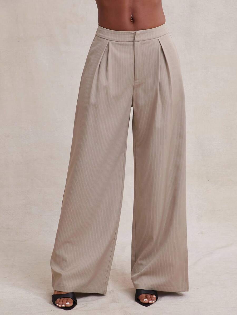NYA SZN 女士高腰褶裥裤，夏季办公室日常商务休闲装，适合度假、春假、早午餐、海滩等场合。 - 卡其色 - 查看 1