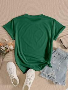 INAWLY 女士休闲字母印花圆领短袖 T 恤，夏季 - 墨綠色 - 查看 2