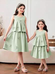 SHEIN Tween Girl Casual Solid Color Round Neck Sleeveless Top & Mini Skirt 2Pcs Set - Mint Green - View 9