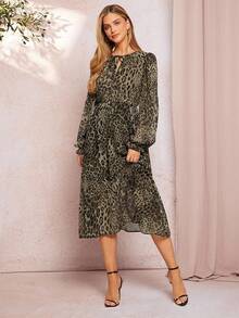 Amorya Đầm dài bằng vải chiffon họa tiết da báo thanh lịch dành cho nữ, tay dài, cạp chun chữ A, tay dài - Màu vàng - Xem 5