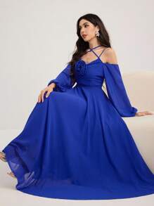 Modelyn Rochie elegantă de lungime medie pentru femei, cu decor floral 3D, albastru regal, rochie de seară formală albastră, rochie albastră cobalt, rochie lungă albastră, rochie formală cu umeri decupați, ținute lungi de vară pentru femei, rochii de seară de lux pentru femei, rochii de seară preppy pentru femei de toamnă, rochii de seară de lux pentru femei