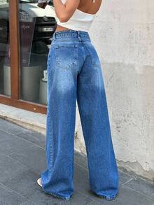 EURMUSE WOMEN LOW WAIST WIDELEG EVERYDAY CASUAL JEAN MEDIUM BLUE JEAN Wide Leg Jeans Baggy Jeans Y2k Denim Outfit Women Two Piece Jean Two Piece Set Jean Crop Top - Medium Wash - View 2