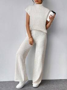 Firerie 两件套女士休闲家居服舒适简约优雅宽松立领短袖针织衫搭配高腰弹力裤，适合夏季、秋季和冬季穿着。 - 杏色 - 查看 3